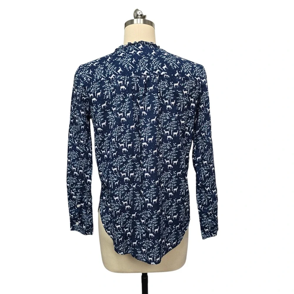 J. Crew Women's Navy Deer Tree Print Button Front Blouse‎ Top Size 2